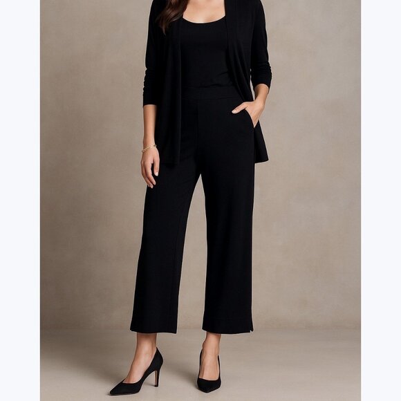 Sympli Women’s Black Cropped Pants Sz 4 Pull On Wide Leg Slit Hem Quiet Luxury - Picture 1 of 10